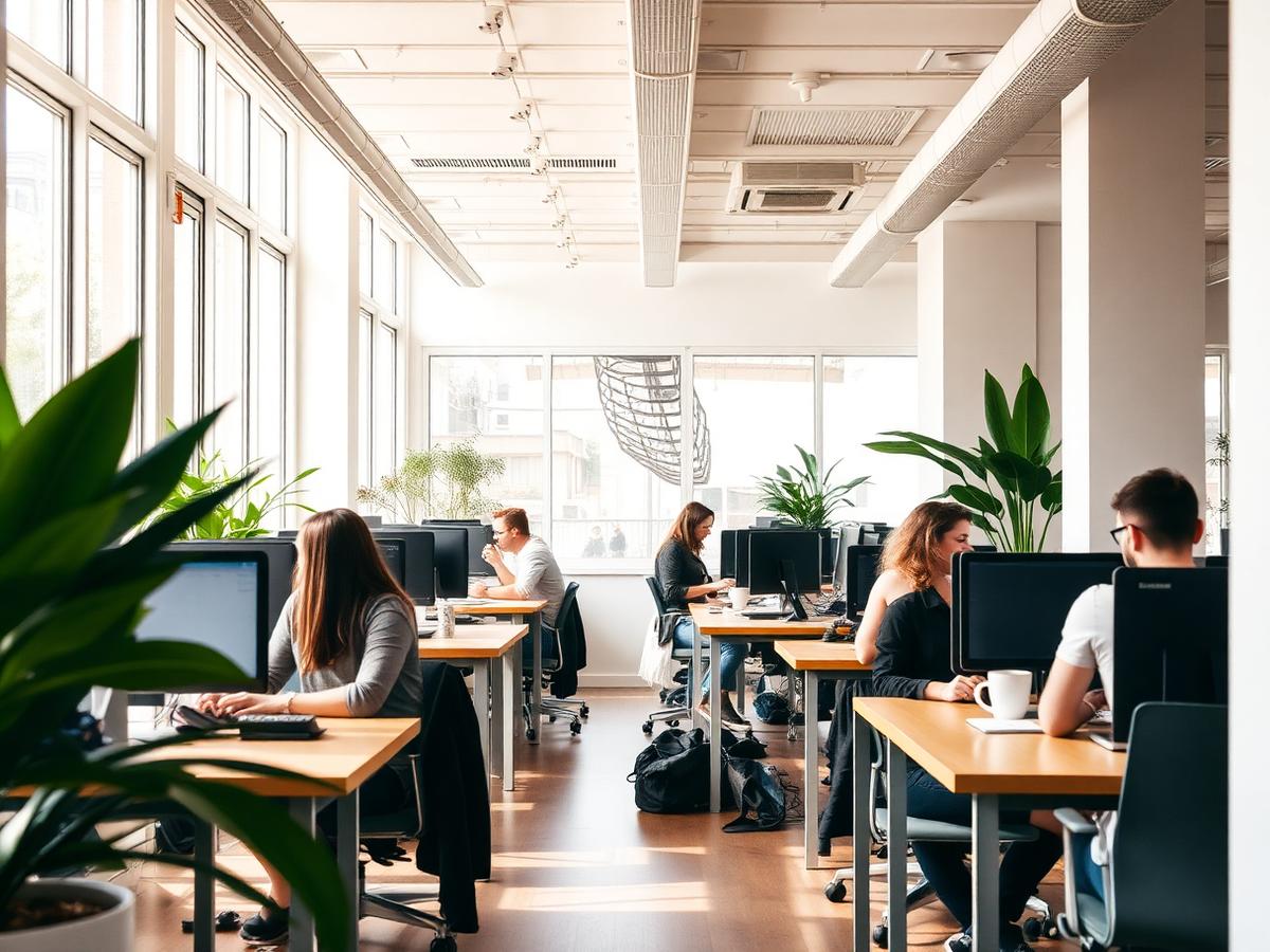 Open-plan European technology office with people working at desks